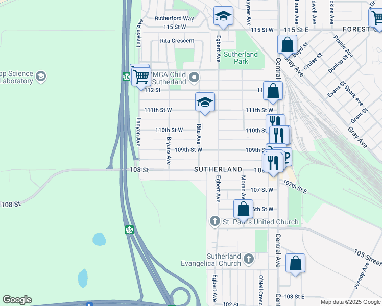 map of restaurants, bars, coffee shops, grocery stores, and more near 305 109th Street West in Saskatoon