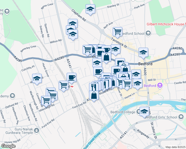 map of restaurants, bars, coffee shops, grocery stores, and more near Conduit Road in Bedford