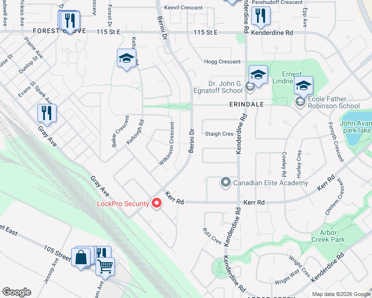 map of restaurants, bars, coffee shops, grocery stores, and more near 440 Berini Drive in Saskatoon