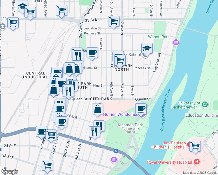 map of restaurants, bars, coffee shops, grocery stores, and more near 625 6 Avenue North in Saskatoon