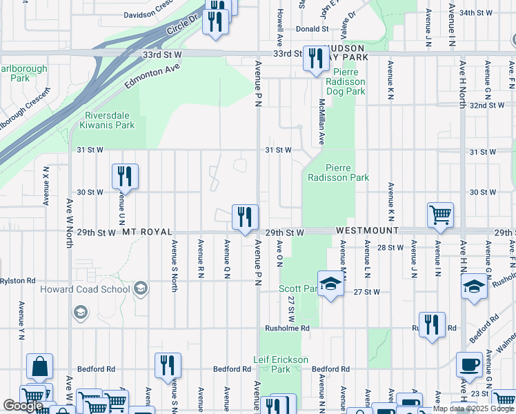 map of restaurants, bars, coffee shops, grocery stores, and more near Avenue P North in Saskatoon