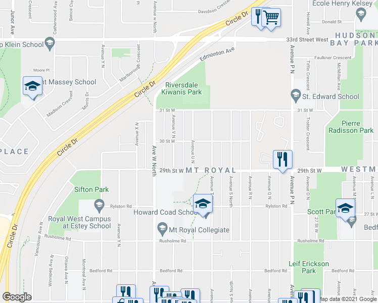 map of restaurants, bars, coffee shops, grocery stores, and more near 825 Avenue U North in Saskatoon