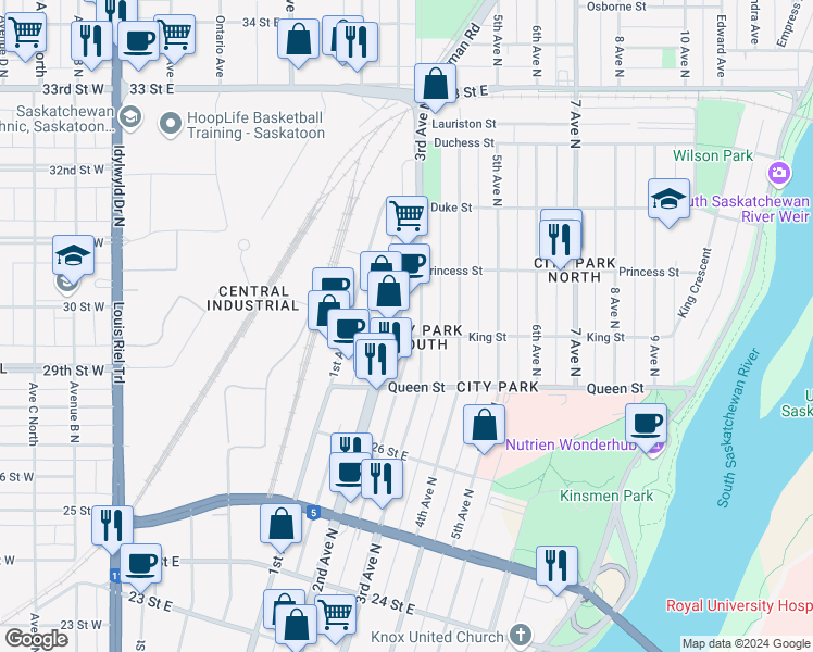 map of restaurants, bars, coffee shops, grocery stores, and more near 714C 2nd Avenue North in Saskatoon