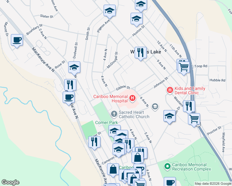 map of restaurants, bars, coffee shops, grocery stores, and more near 423 Gibbon Street in Williams Lake