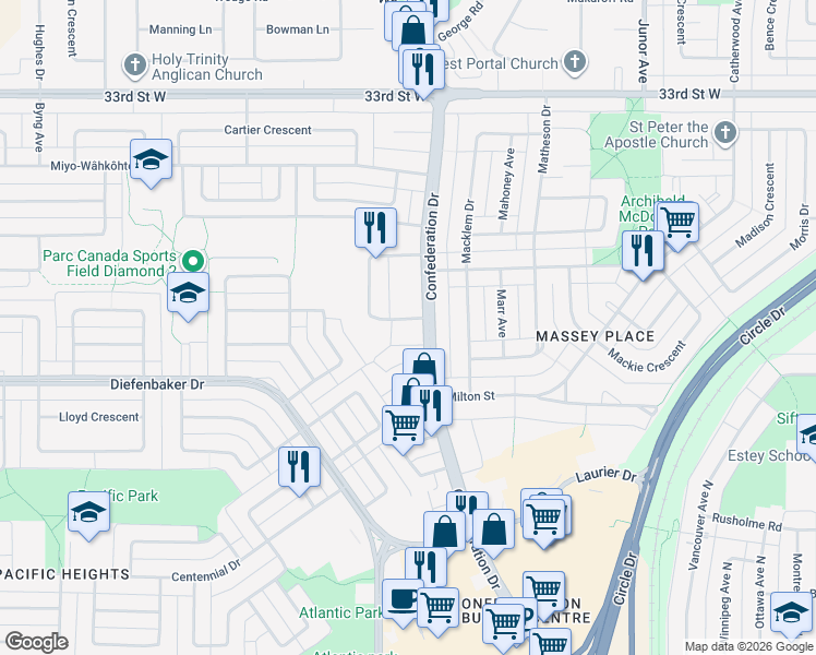 map of restaurants, bars, coffee shops, grocery stores, and more near 5 Borden Place in Saskatoon