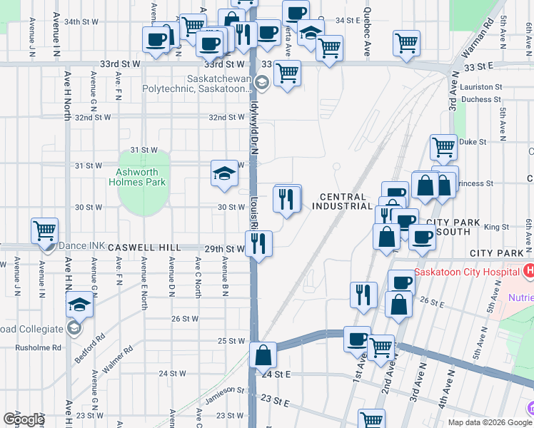 map of restaurants, bars, coffee shops, grocery stores, and more near 840 Louis Riel Trail in Saskatoon