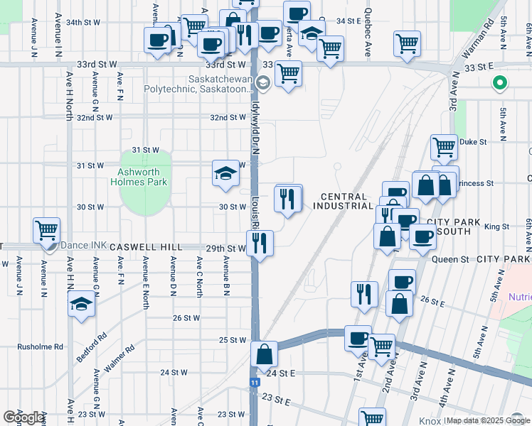 map of restaurants, bars, coffee shops, grocery stores, and more near 840 Idylwyld Drive North in Saskatoon