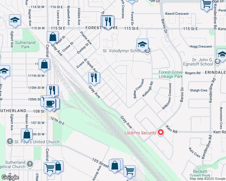map of restaurants, bars, coffee shops, grocery stores, and more near Imperial Street in Saskatoon