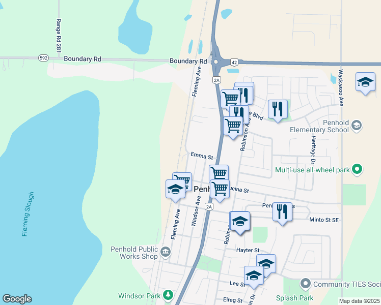 map of restaurants, bars, coffee shops, grocery stores, and more near 1010 Emma Street in Penhold