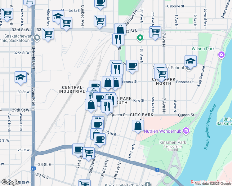 map of restaurants, bars, coffee shops, grocery stores, and more near 714C 2nd Avenue North in Saskatoon