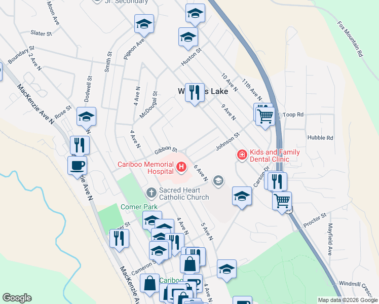 map of restaurants, bars, coffee shops, grocery stores, and more near 603 Gibbon Street in Williams Lake