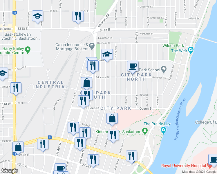 map of restaurants, bars, coffee shops, grocery stores, and more near 718 4th Avenue North in Saskatoon