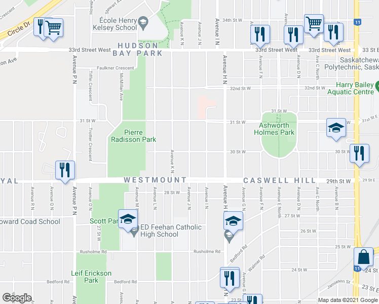 map of restaurants, bars, coffee shops, grocery stores, and more near Avenue J North in Saskatoon