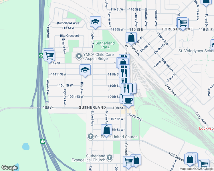 map of restaurants, bars, coffee shops, grocery stores, and more near 117 110 Street in Saskatoon