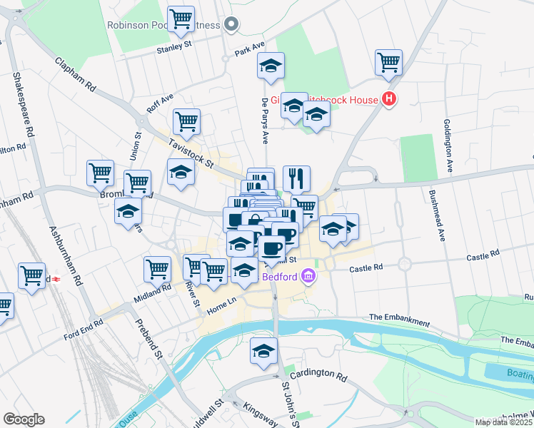 map of restaurants, bars, coffee shops, grocery stores, and more near in Bedford