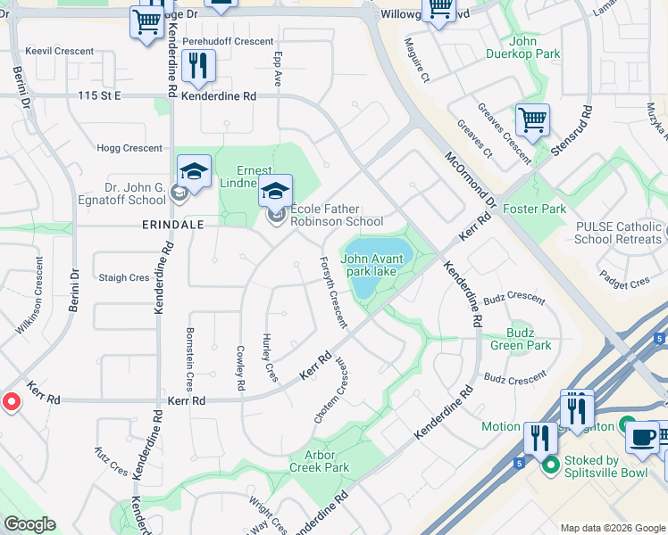 map of restaurants, bars, coffee shops, grocery stores, and more near 515 Forsyth Crescent in Saskatoon
