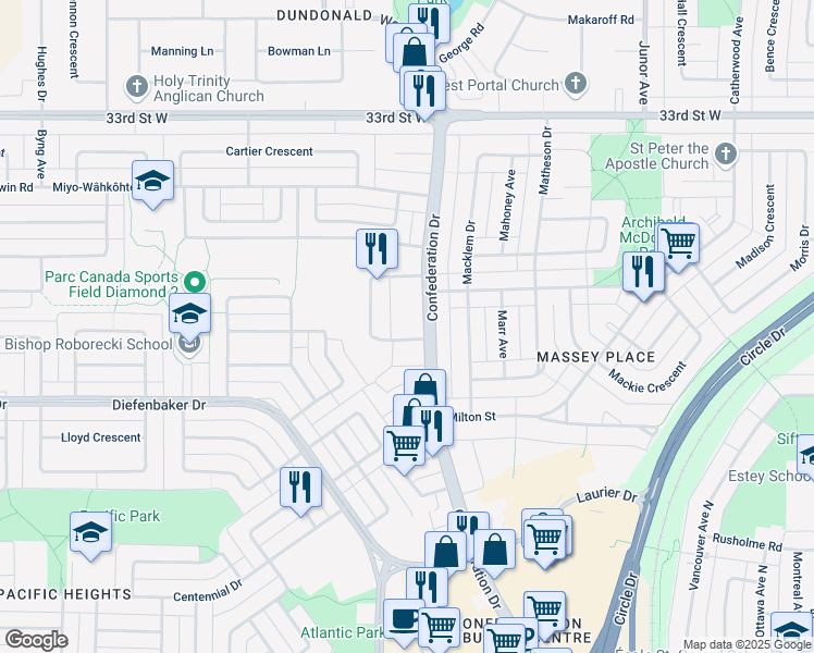 map of restaurants, bars, coffee shops, grocery stores, and more near in Saskatoon