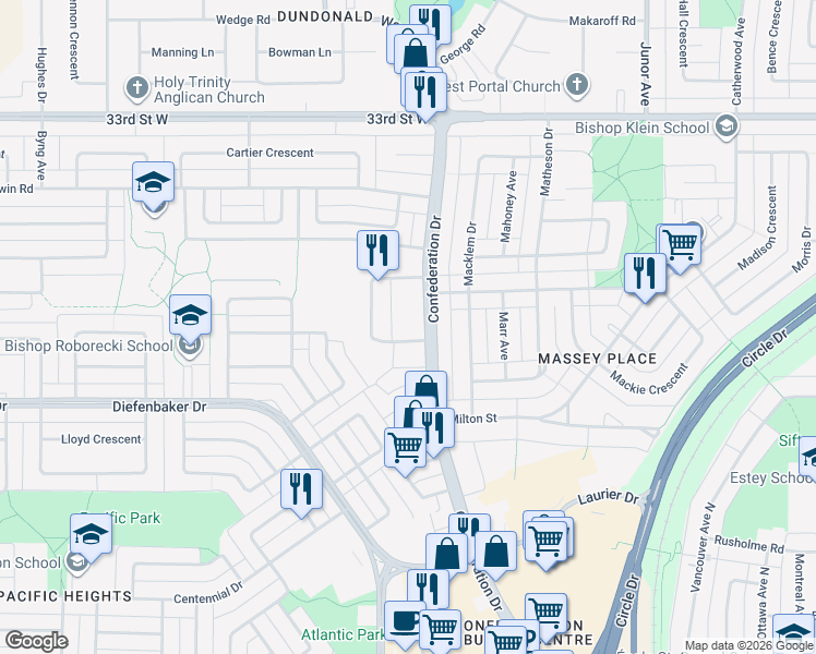 map of restaurants, bars, coffee shops, grocery stores, and more near 865 Confederation Drive in Saskatoon