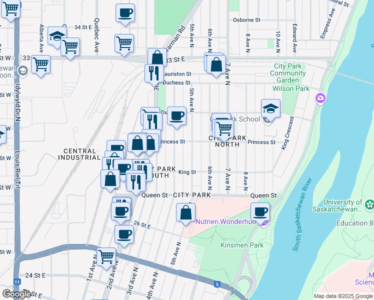 map of restaurants, bars, coffee shops, grocery stores, and more near 718 4th Avenue North in Saskatoon