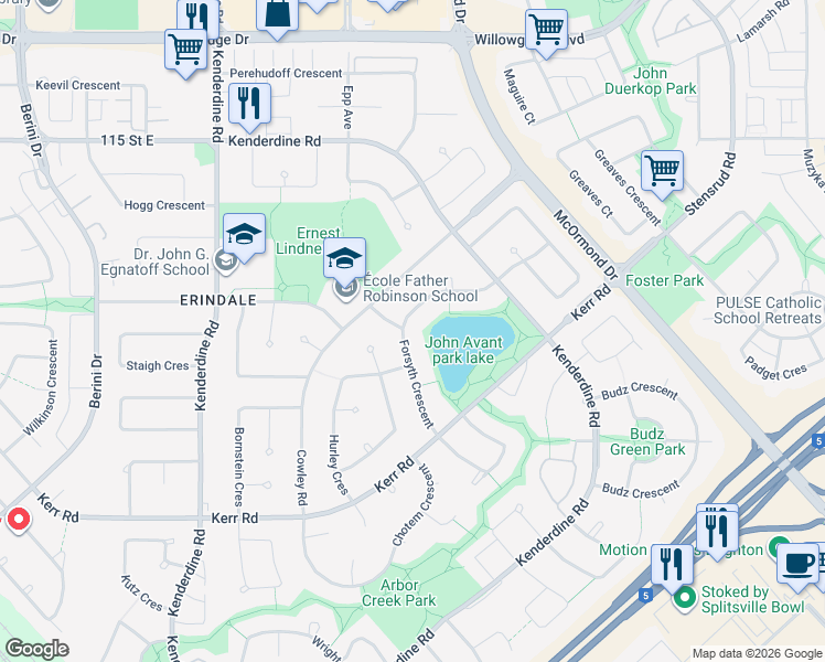 map of restaurants, bars, coffee shops, grocery stores, and more near 515 Forsyth Crescent in Saskatoon