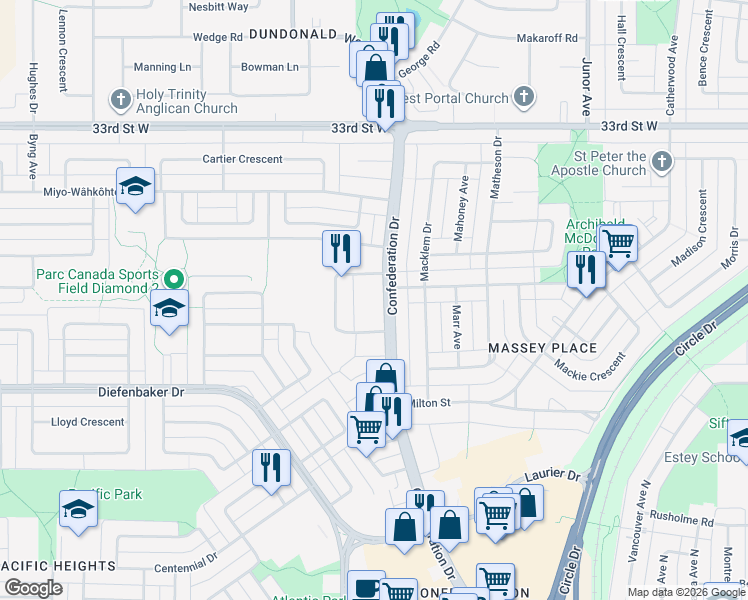 map of restaurants, bars, coffee shops, grocery stores, and more near 885 Confederation Drive in Saskatoon