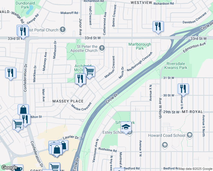 map of restaurants, bars, coffee shops, grocery stores, and more near 79 Morris Drive in Saskatoon