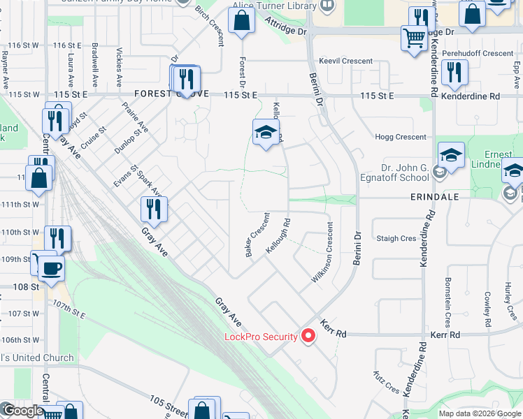 map of restaurants, bars, coffee shops, grocery stores, and more near 202 Baker Crescent in Saskatoon