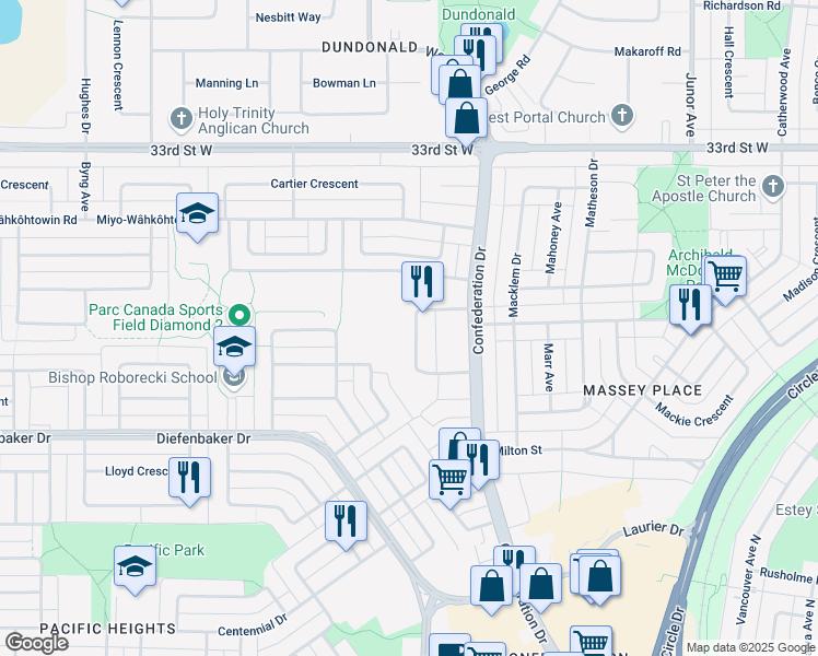 map of restaurants, bars, coffee shops, grocery stores, and more near 41 Borden Crescent in Saskatoon