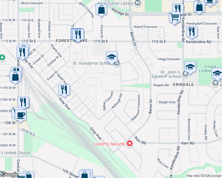 map of restaurants, bars, coffee shops, grocery stores, and more near 202 Baker Crescent in Saskatoon