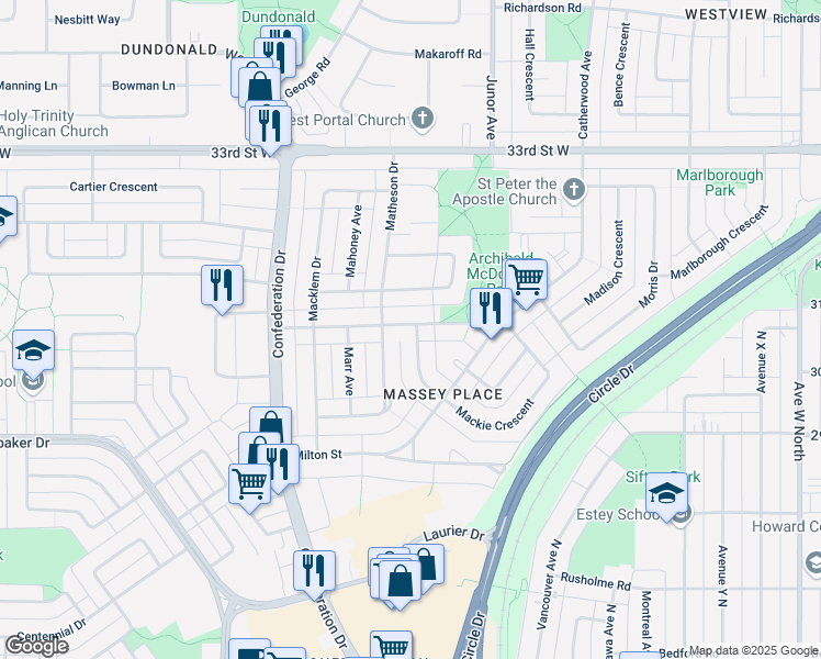 map of restaurants, bars, coffee shops, grocery stores, and more near 3145 Massey Drive in Saskatoon