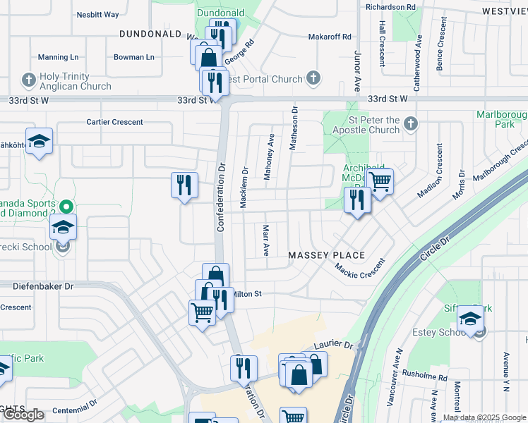 map of restaurants, bars, coffee shops, grocery stores, and more near 3214 Massey Drive in Saskatoon