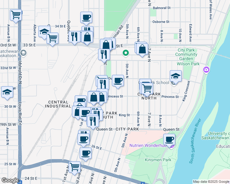 map of restaurants, bars, coffee shops, grocery stores, and more near 815 4th Avenue North in Saskatoon