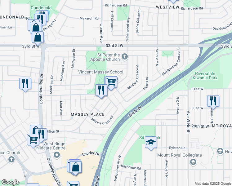 map of restaurants, bars, coffee shops, grocery stores, and more near 104 Morris Drive in Saskatoon