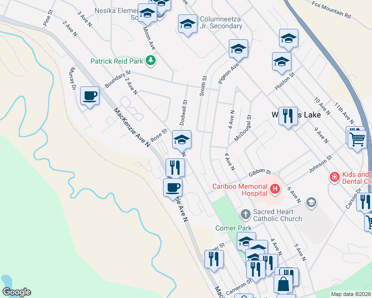 map of restaurants, bars, coffee shops, grocery stores, and more near 800 2 Avenue North in Williams Lake