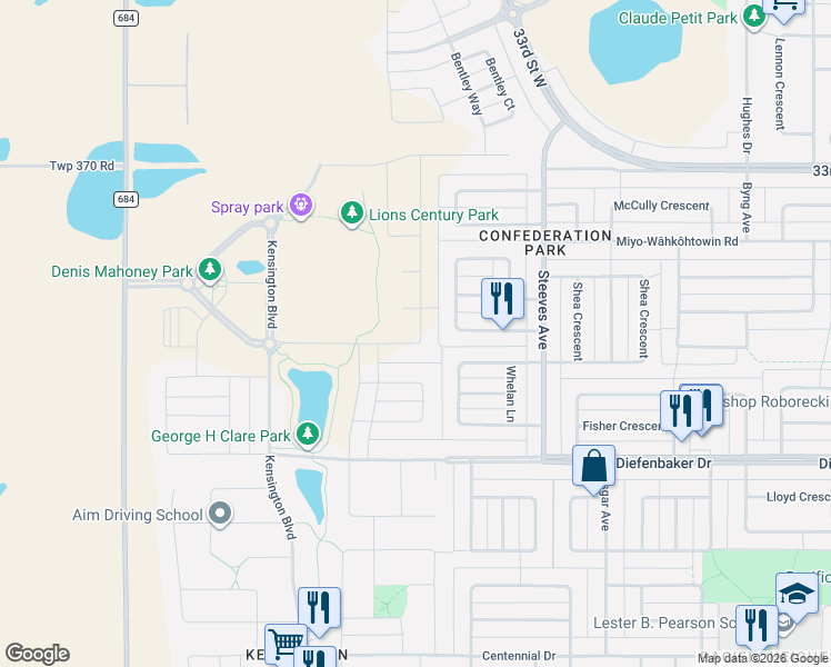 map of restaurants, bars, coffee shops, grocery stores, and more near 410 Nightingale Bay in Saskatoon