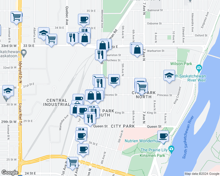 map of restaurants, bars, coffee shops, grocery stores, and more near 815 4th Avenue North in Saskatoon