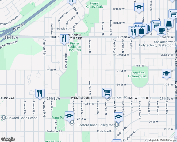 map of restaurants, bars, coffee shops, grocery stores, and more near 941 Avenue K North in Saskatoon