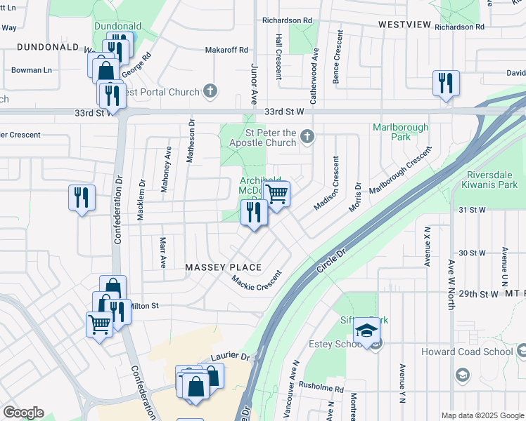 map of restaurants, bars, coffee shops, grocery stores, and more near 937 Northumberland Avenue in Saskatoon