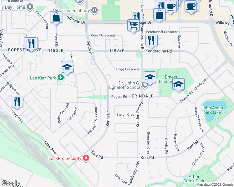 map of restaurants, bars, coffee shops, grocery stores, and more near 118 Rogers Road in Saskatoon