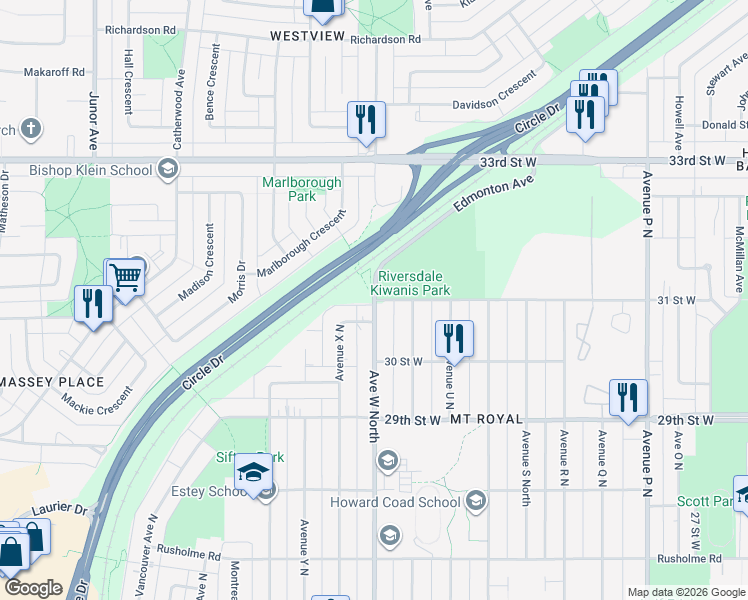 map of restaurants, bars, coffee shops, grocery stores, and more near Avenue W North in Saskatoon