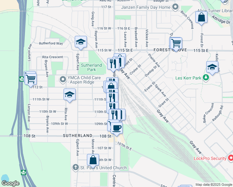 map of restaurants, bars, coffee shops, grocery stores, and more near in Saskatoon