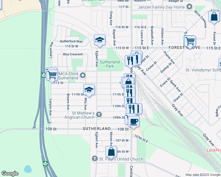 map of restaurants, bars, coffee shops, grocery stores, and more near Violet Avenue in Saskatoon