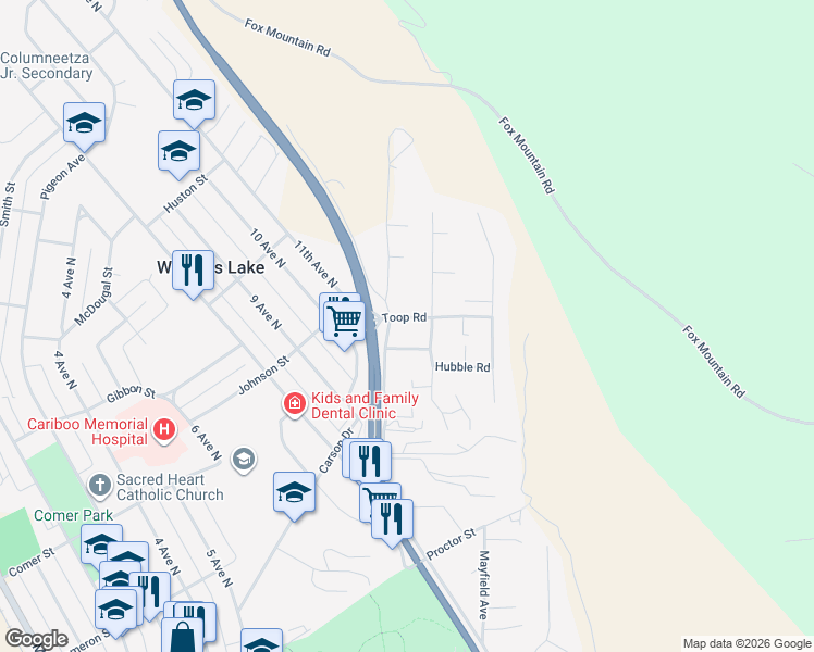 map of restaurants, bars, coffee shops, grocery stores, and more near 905 Toop Road in Williams Lake