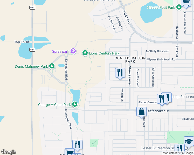 map of restaurants, bars, coffee shops, grocery stores, and more near 410 Nightingale Bay in Saskatoon
