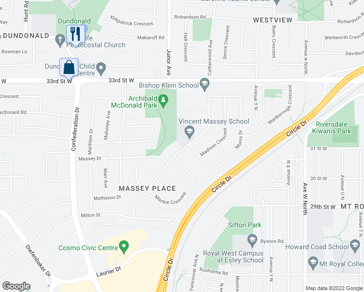 map of restaurants, bars, coffee shops, grocery stores, and more near 104 Morris Drive in Saskatoon