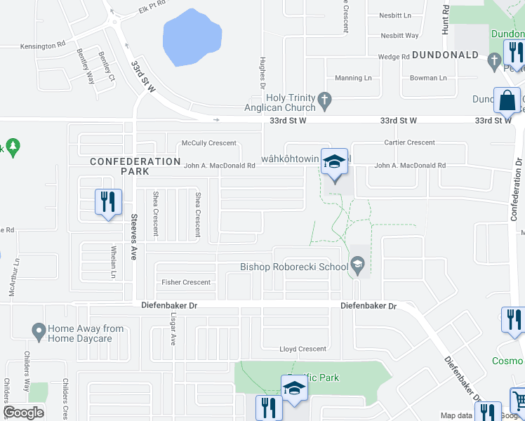 map of restaurants, bars, coffee shops, grocery stores, and more near Meighen Crescent in Saskatoon