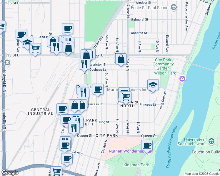 map of restaurants, bars, coffee shops, grocery stores, and more near 912 5th Avenue North in Saskatoon