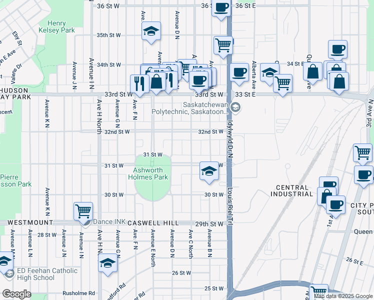 map of restaurants, bars, coffee shops, grocery stores, and more near 1017 Avenue C North in Saskatoon