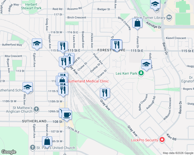map of restaurants, bars, coffee shops, grocery stores, and more near 206 Evans Street in Saskatoon