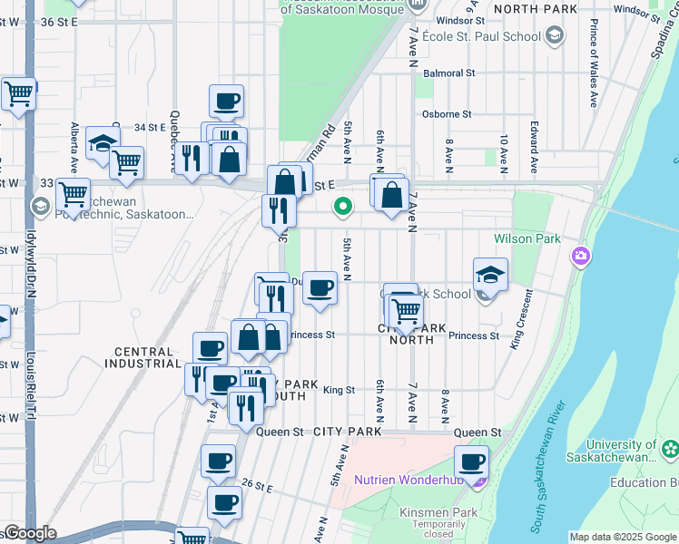 map of restaurants, bars, coffee shops, grocery stores, and more near 901 5th Avenue North in Saskatoon